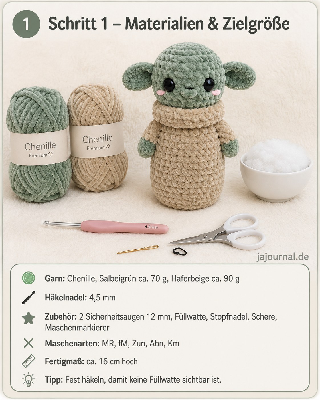 Garn, Nadel und Zubehör zum Baby Yoda häkeln als Amigurumi übersichtlich auf dem Tisch angeordnet