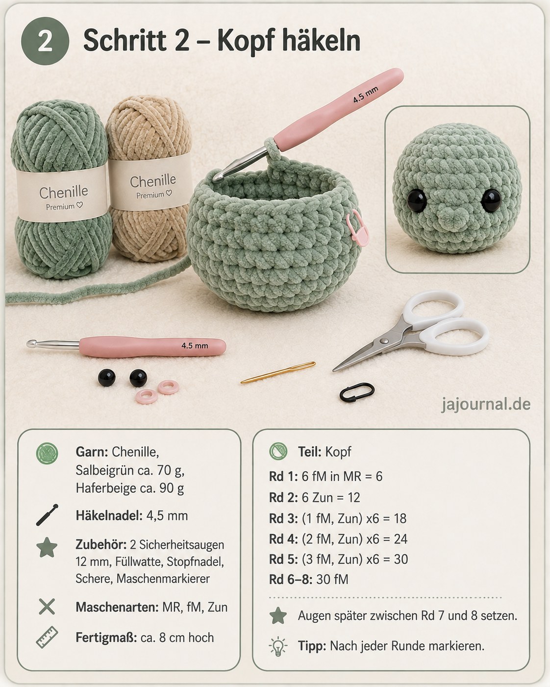 Kopf für das Baby Yoda Amigurumi wird Runde für Runde mit Chenille-Garn gehäkelt