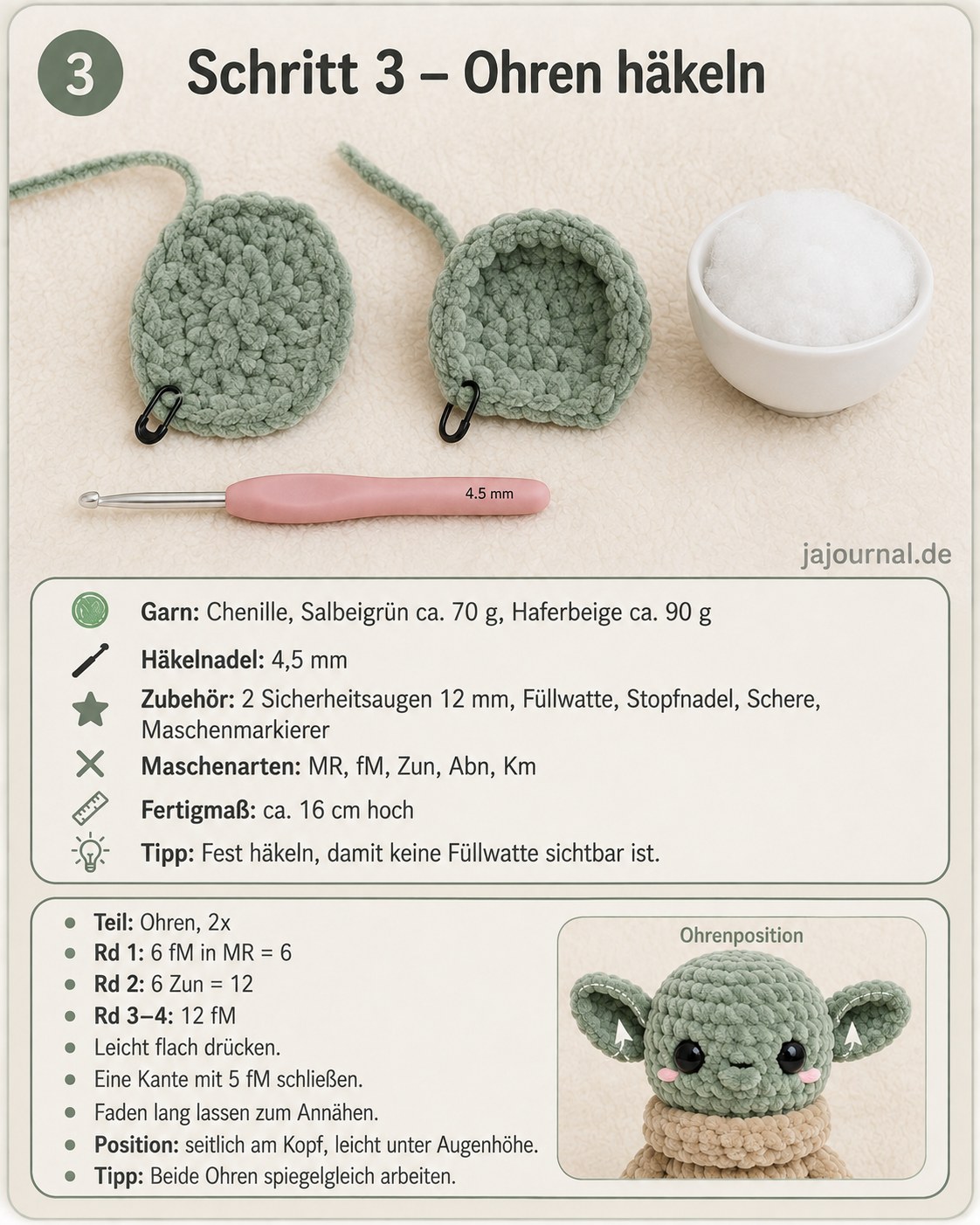 Zwei flach gedrückte Ohren für die Baby Yoda Amigurumi Figur liegen neben Nadel und Füllwatte