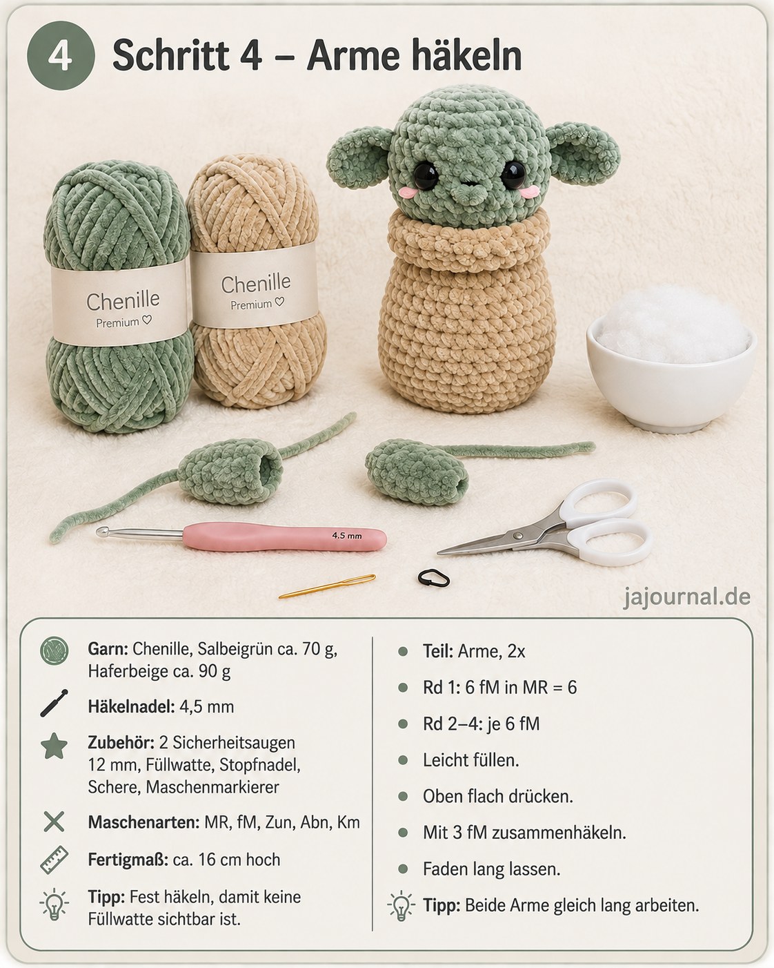 Gehäkelte Arme des Baby Yoda Amigurumi liegen neben Kopf und Körper zum Größenvergleich