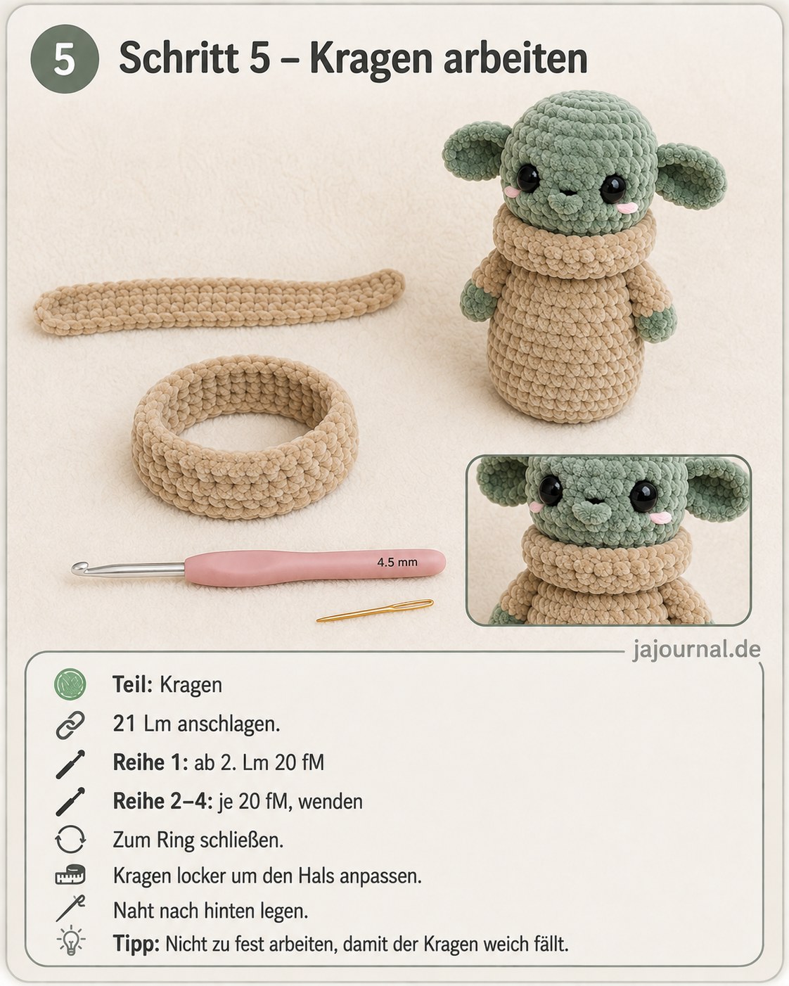 Häkelkragen für Baby Yoda wird als Streifen gearbeitet und locker zum Ring geschlossen
