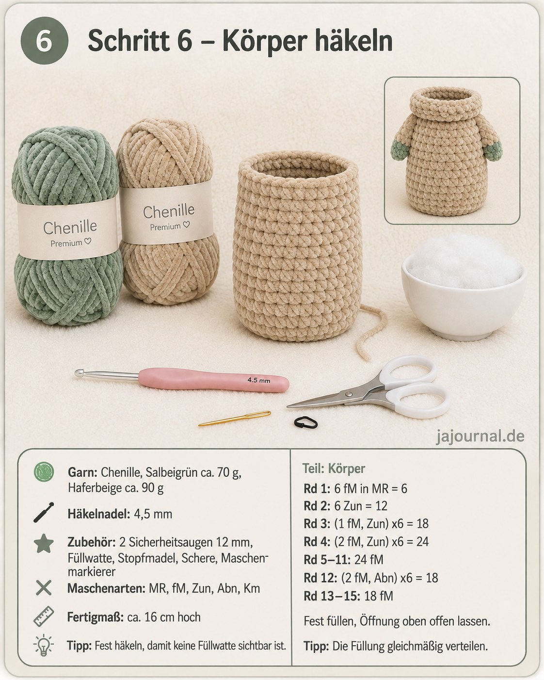 Zylindrischer Körper des Baby Yoda Amigurumi wird mit fester Füllung gearbeitet