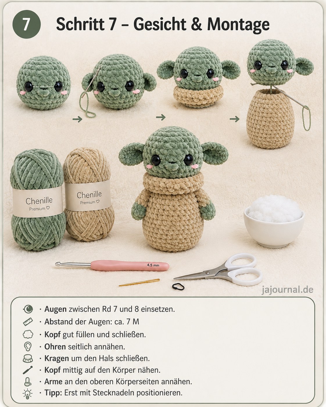 Gesicht mit Sicherheitsaugen wird gesetzt, danach Montage der Baby Yoda Amigurumi Teile