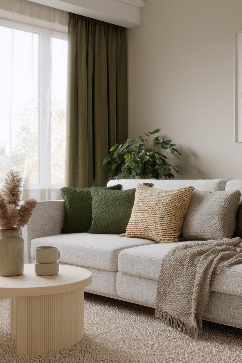 1. Wohnzimmer-Deko in Naturtönen mit Leinen, Jute, Sandbeige und Olivgrün