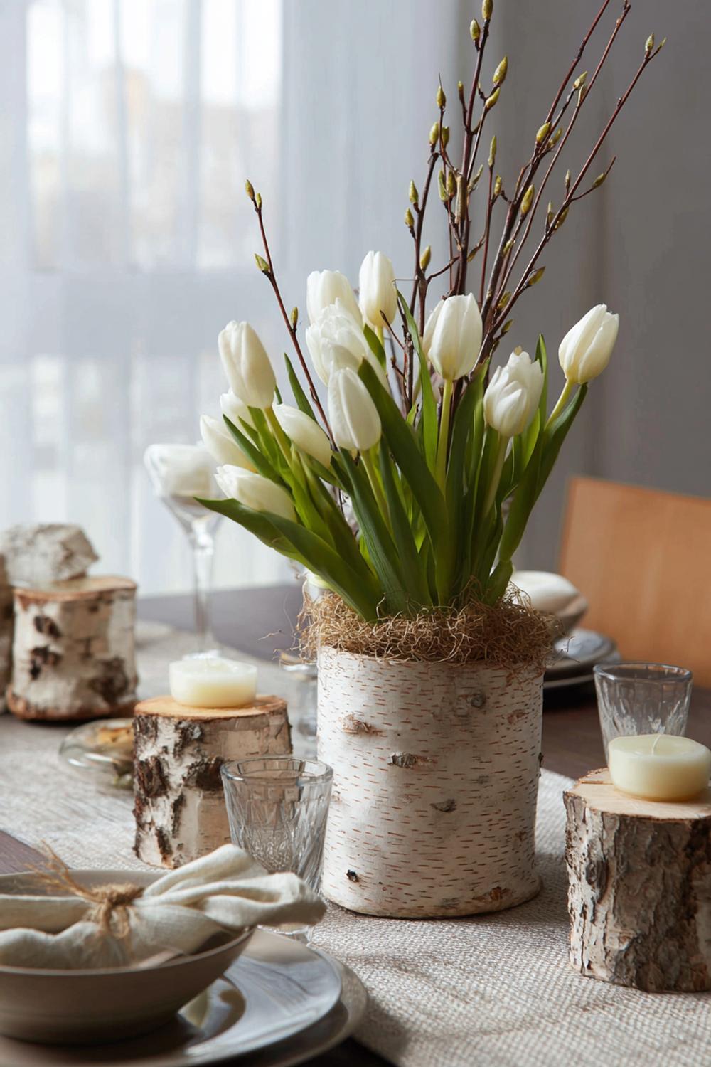 11. Frühlings-Deko in Naturtönen mit Birkenzweigen, Tulpen und Leinen