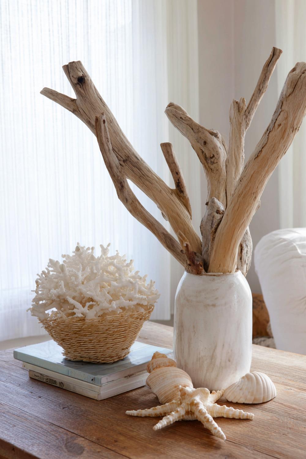 12. Sommer-Deko in Naturtönen im Strandhaus-Look mit Treibholz und Muscheln