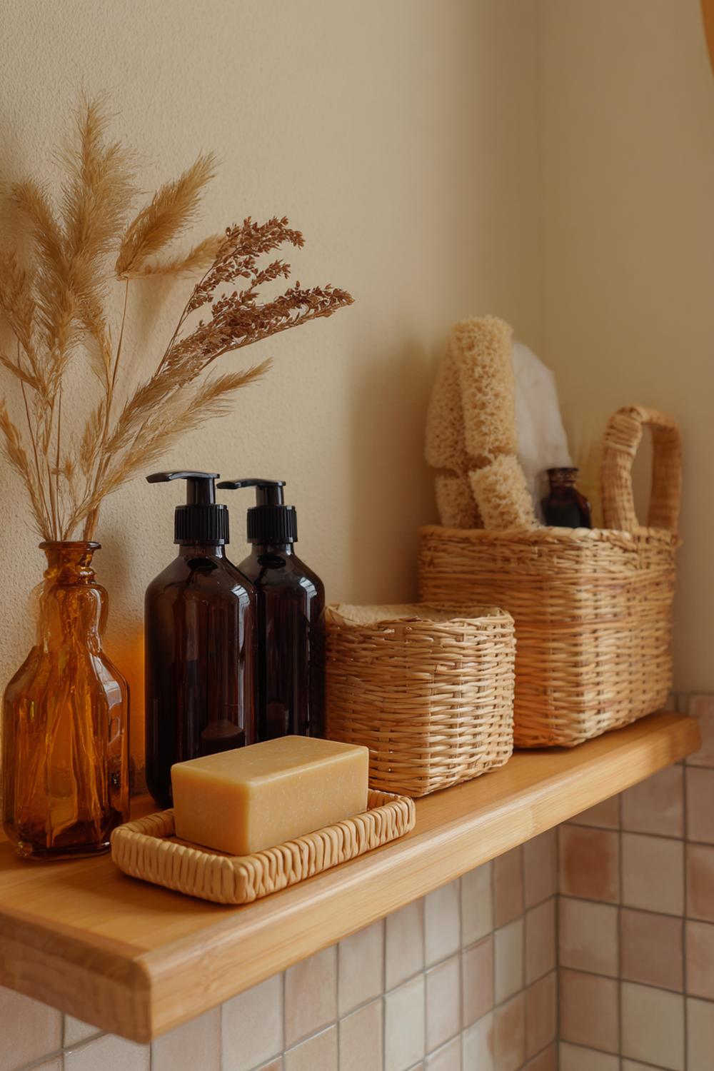 20. Badezimmerregal-Deko in Naturtönen mit Körben, Naturseifen und Amberflaschen