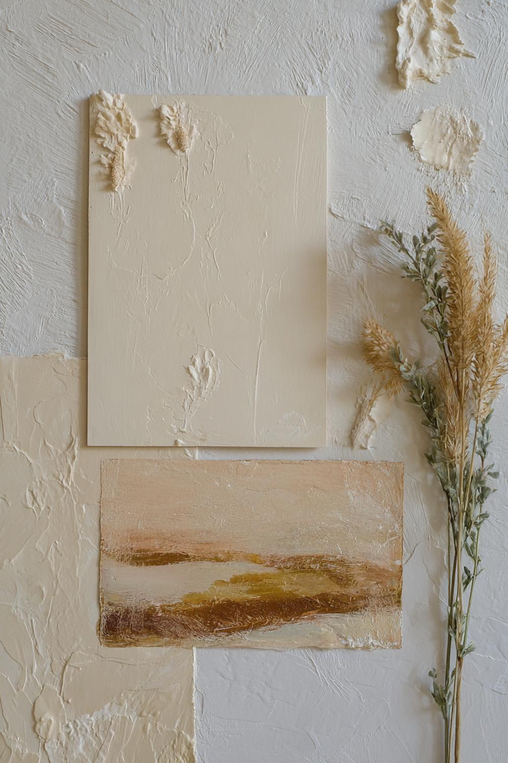 22. Wandkunst-Deko in Naturtönen mit Kalkfarbe, Strukturpaste und Ocker