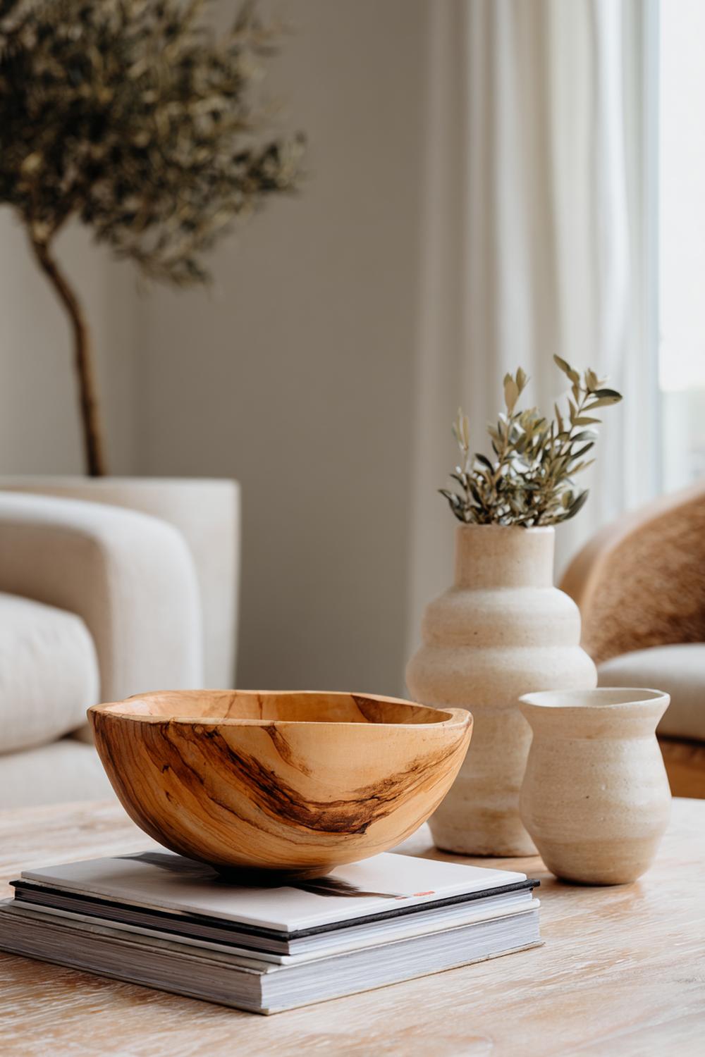 23. Couchtisch-Deko in Naturtönen mit Keramik, Buchstapel und Olivenholzschale