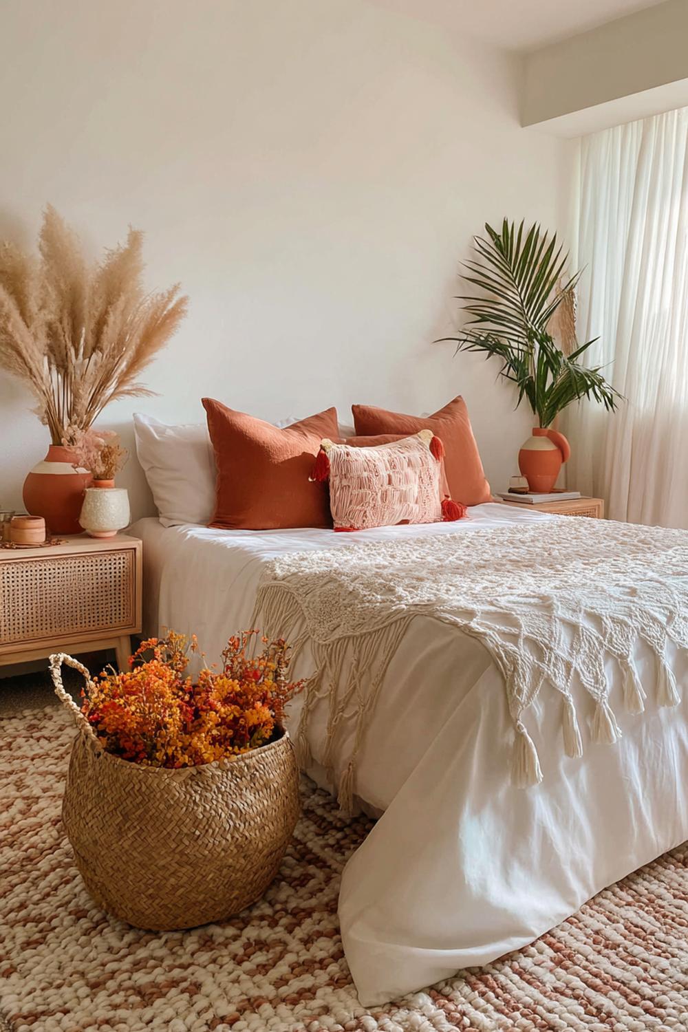 3. Schlafzimmer-Deko in Naturtönen mit Makramee, Rattan und Terrakotta-Akzenten