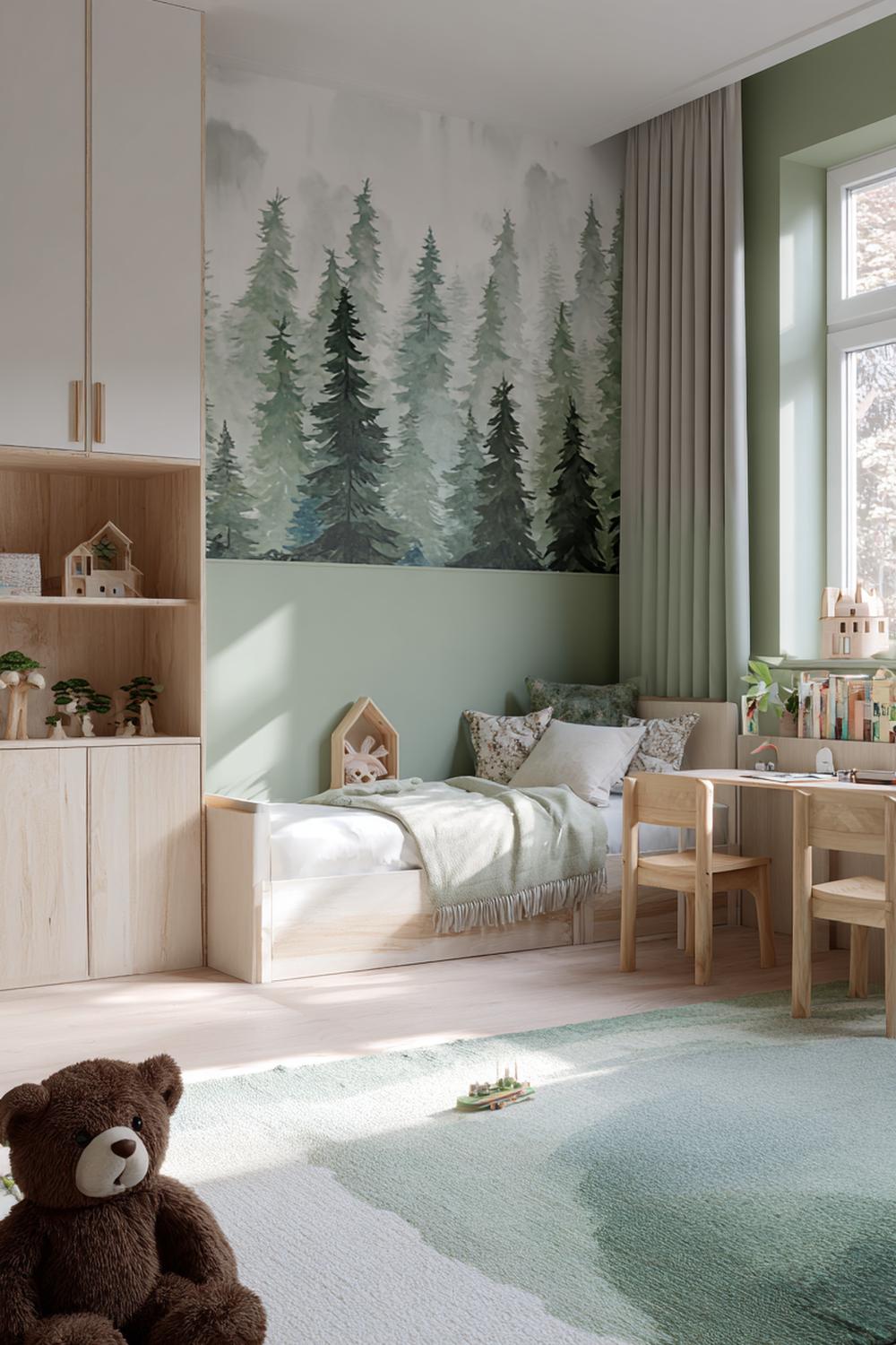 5. Kinderzimmer-Deko in Naturtönen mit Salbeigrün und Kiefernholz im Waldthema