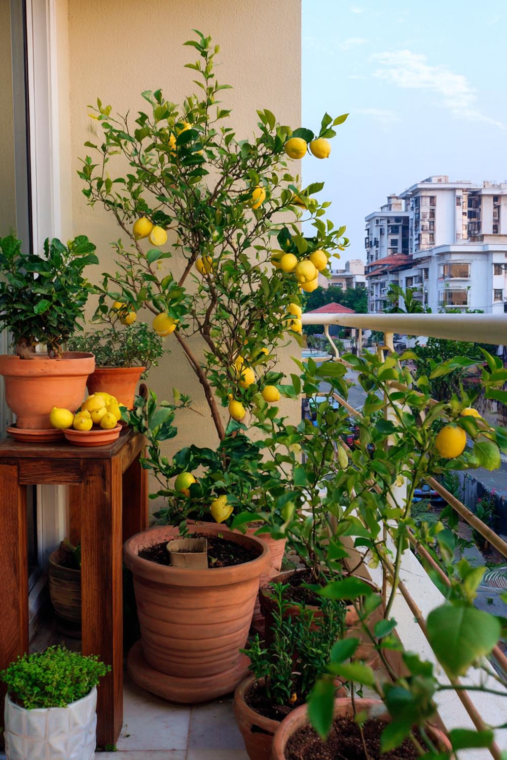 6. Balkon-Deko in Naturtönen mit Terrakotta-Töpfen und Zitronenbaum-Flair