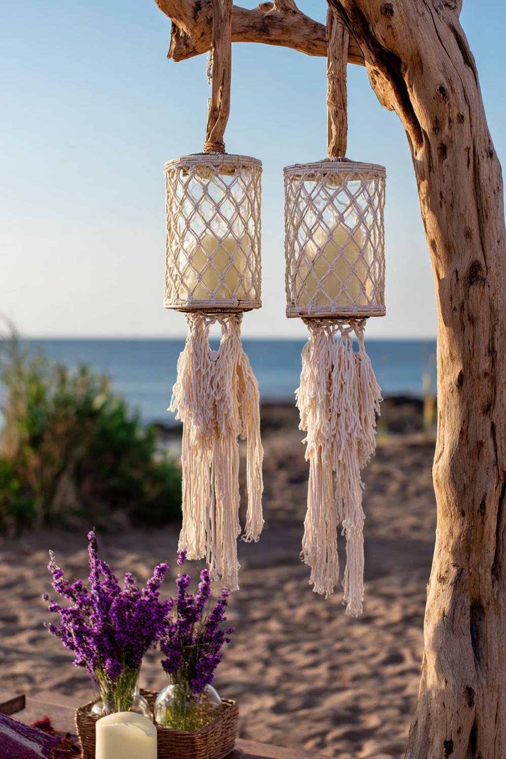 1. Boho-Windlichter in Gläsern mit Makramee und Treibholz