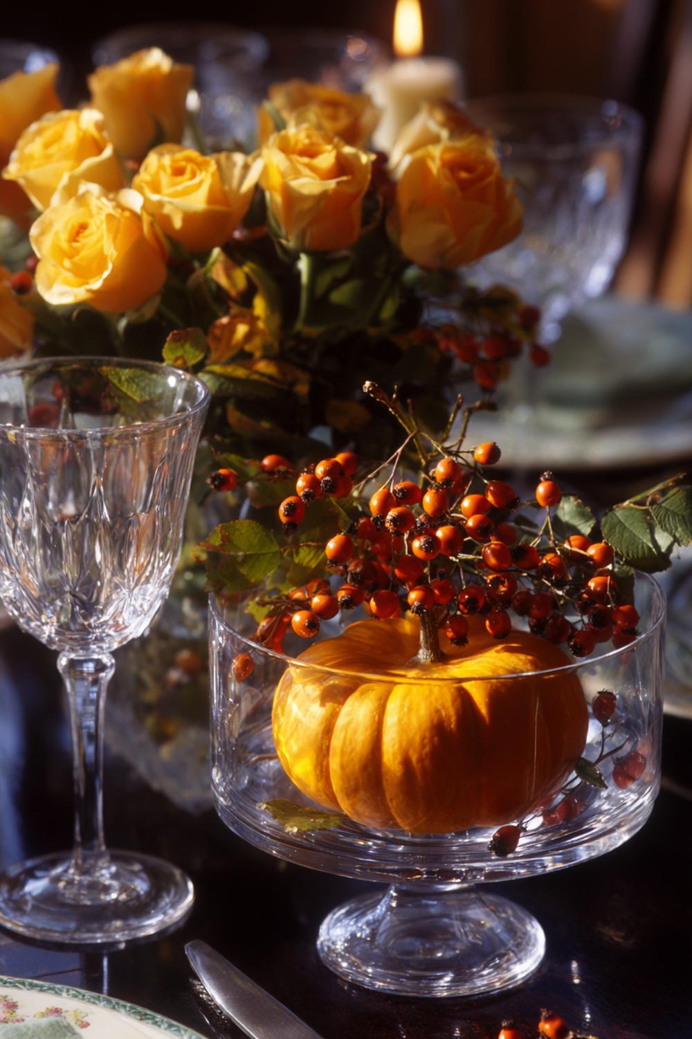 13. Herbstliche Tafelaufsätze in Gläsern mit Kürbis und Hagebutten