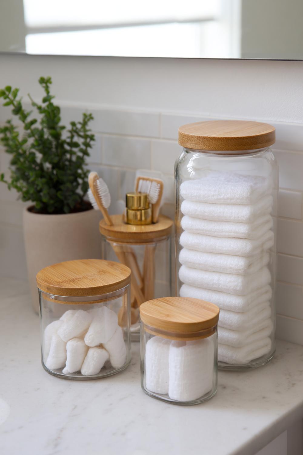 18. Badezimmer-Ordnung in Gläsern mit Baumwollpads und Bambusdeckel
