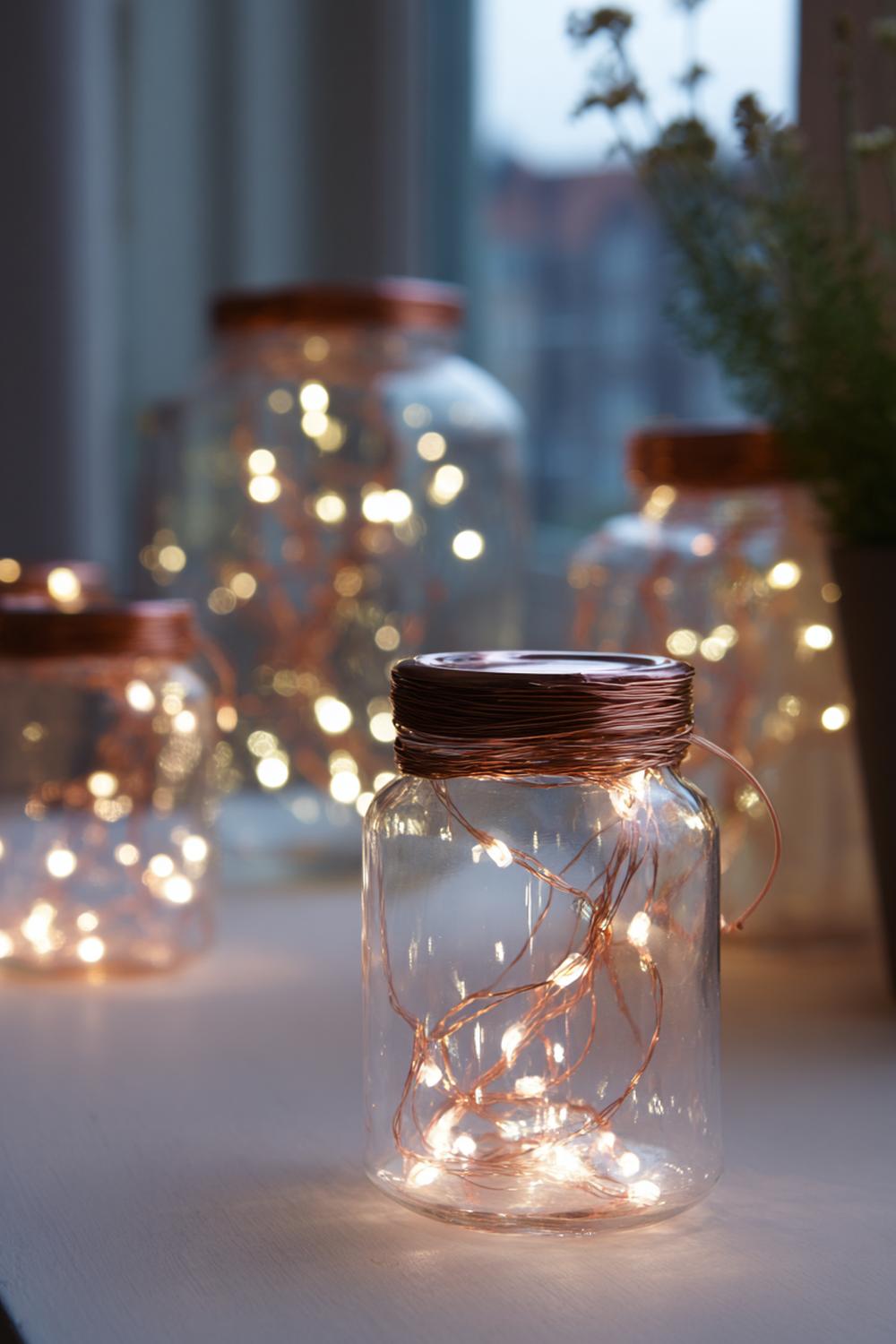 7. Lichterketten in Gläsern mit Kupferdraht und warmweißem Schein