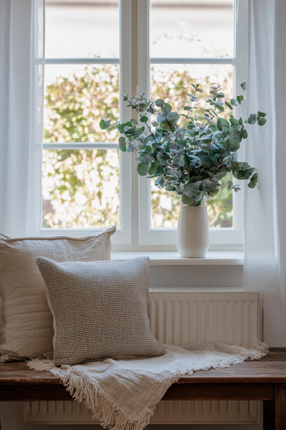 1. Nordische Fensterbank mit Leinen und Eukalyptus