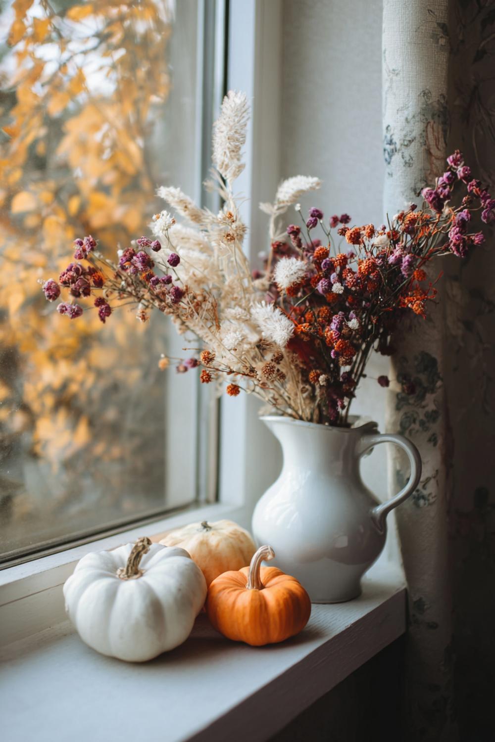 11. Herbstliche Fensterbank mit Mini-Kürbissen und Trockenblumen