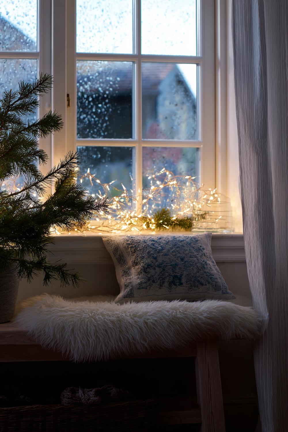 12. Winterliche Fensterbank mit Tannenzweigen und Lichterkette