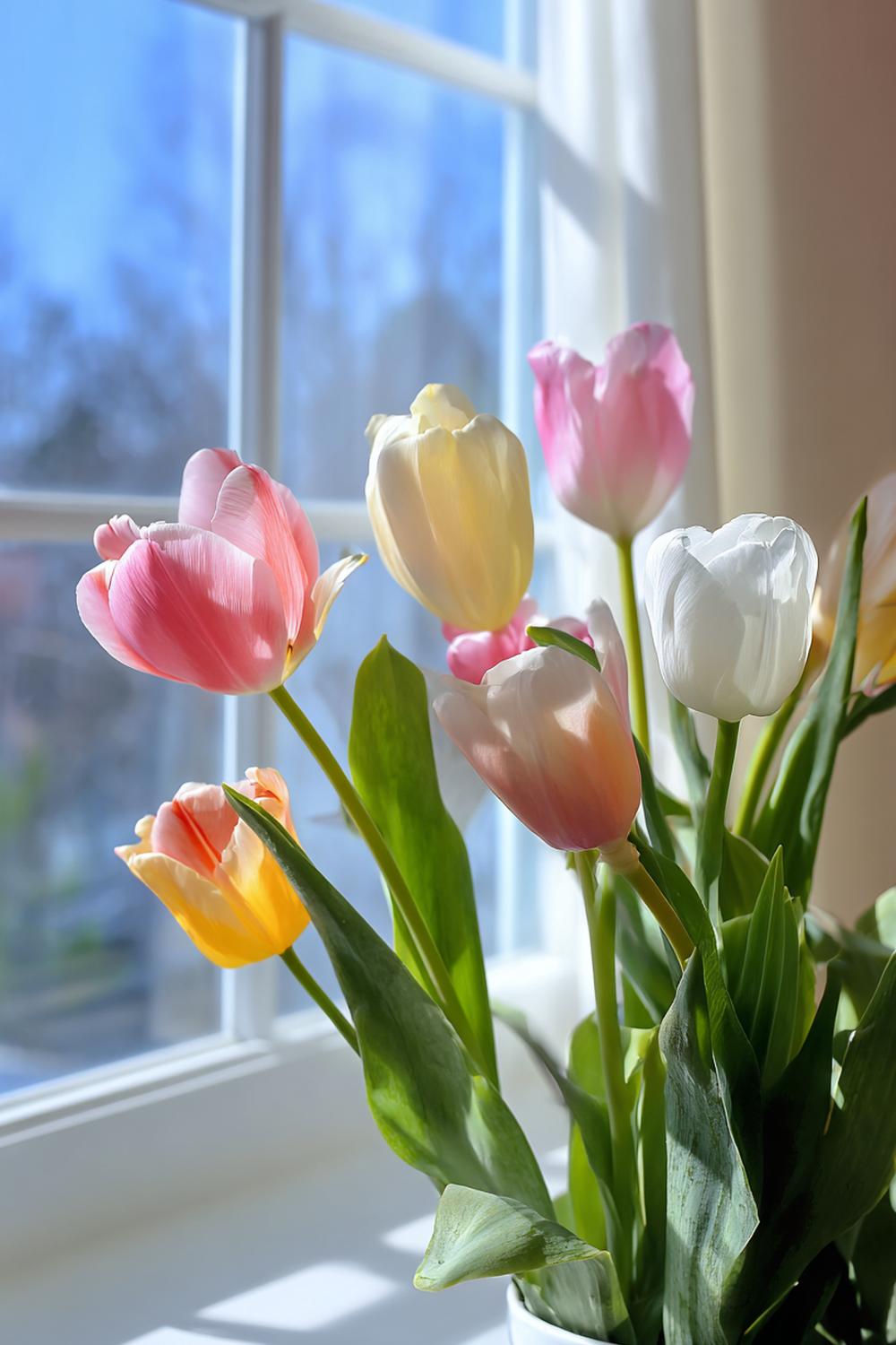13. Frühlingshafte Fensterbank mit Tulpen und Rattan-Tablett