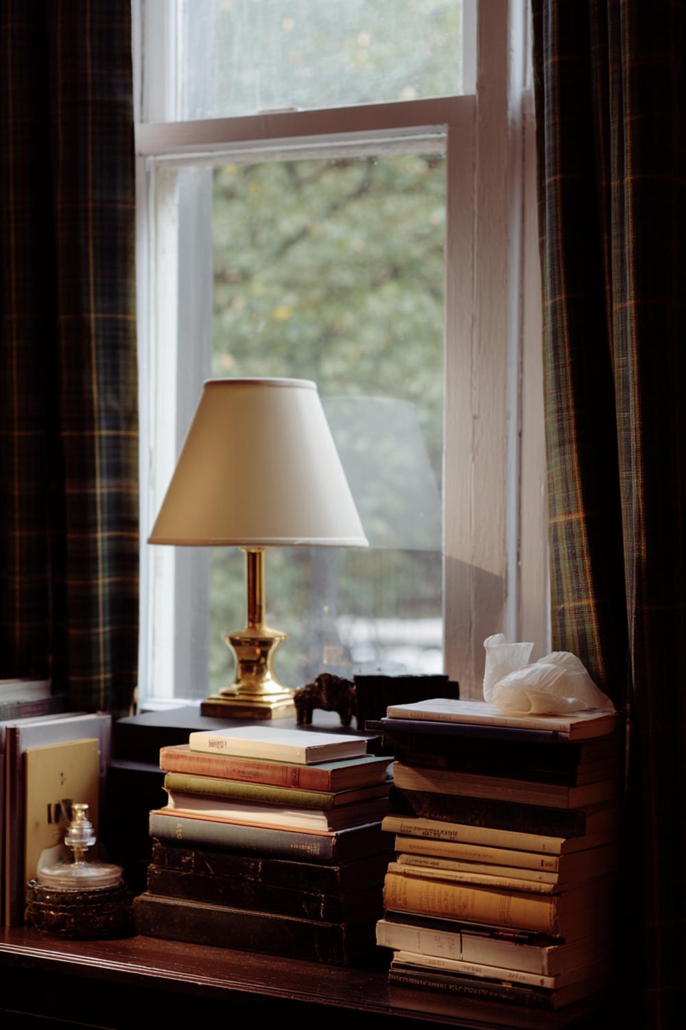 17. Bücher-Fensterbank mit Stapeln und Messing-Leseleuchte