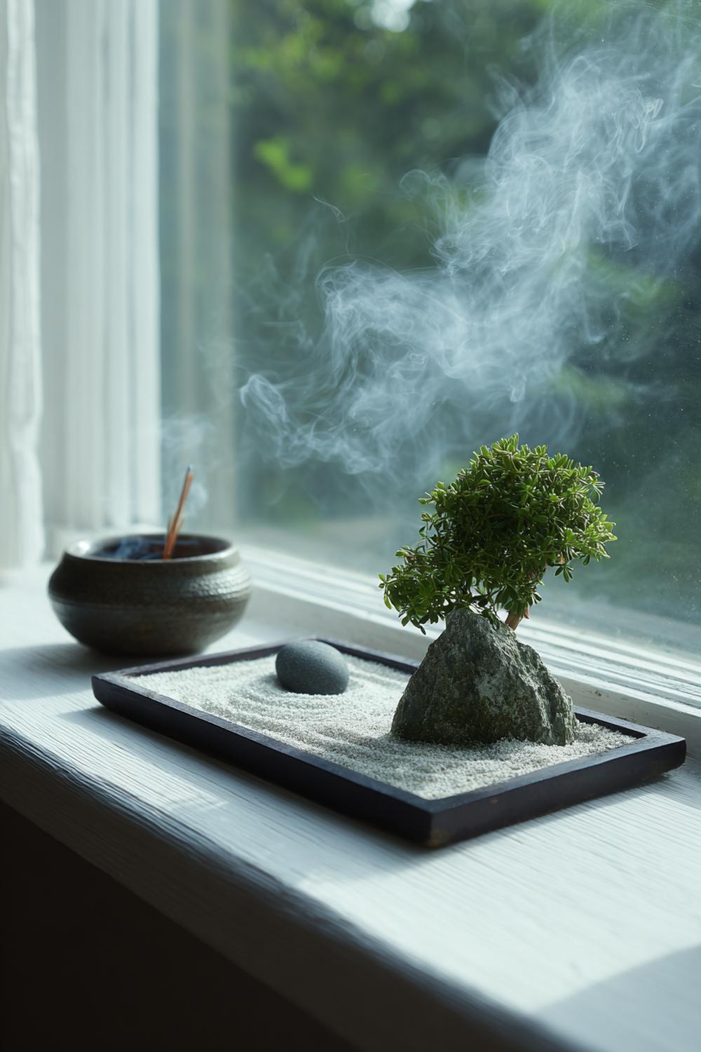 19. Meditative Fensterbank mit Zen-Garten und Duftstäbchen