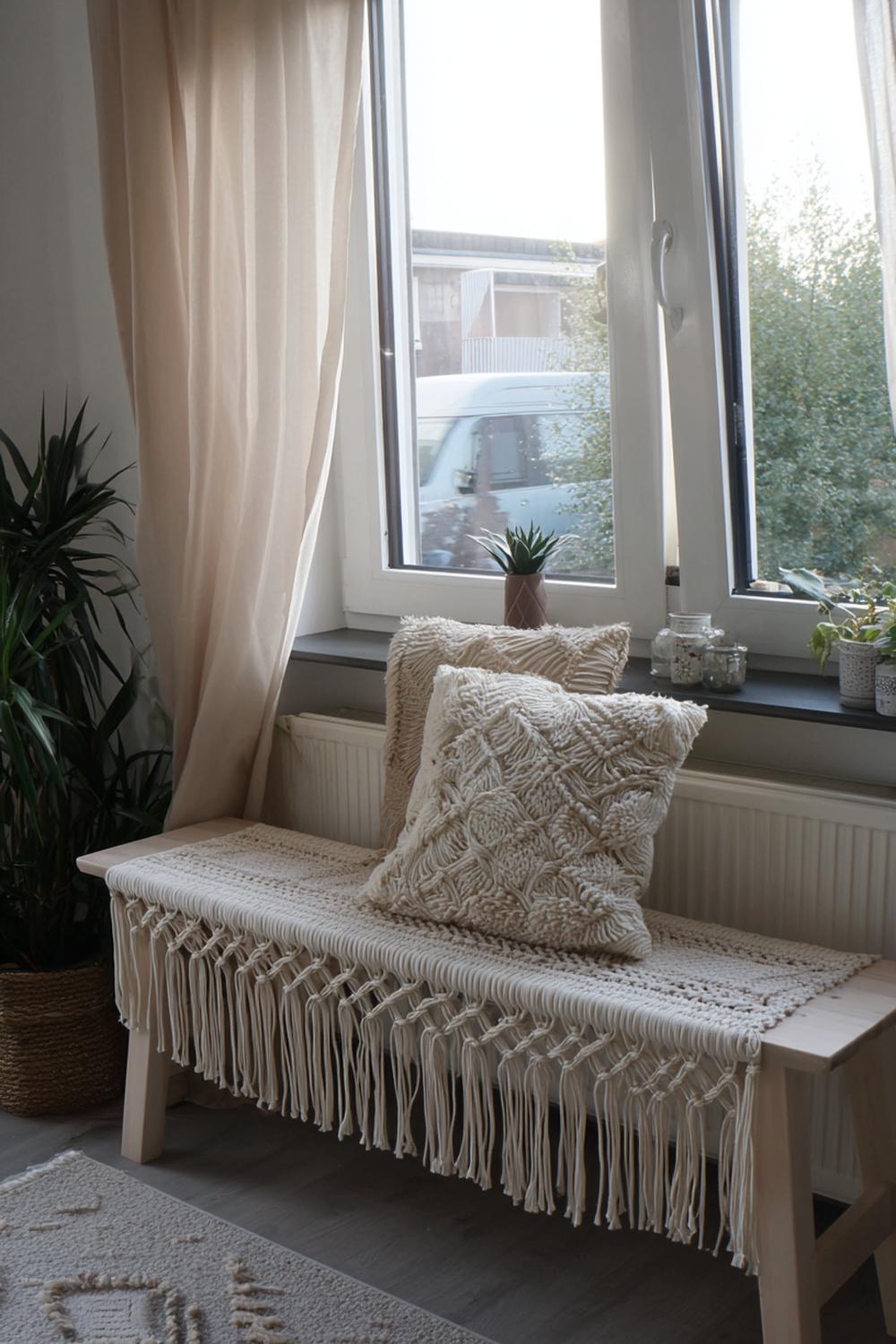 2. Boho Fensterbank mit Makramee und Federn