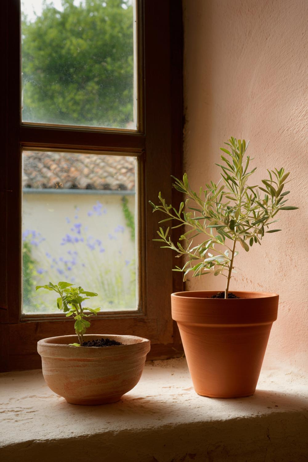 20. Mediterrane Fensterbank mit Terrakotta und Olivenbäumchen