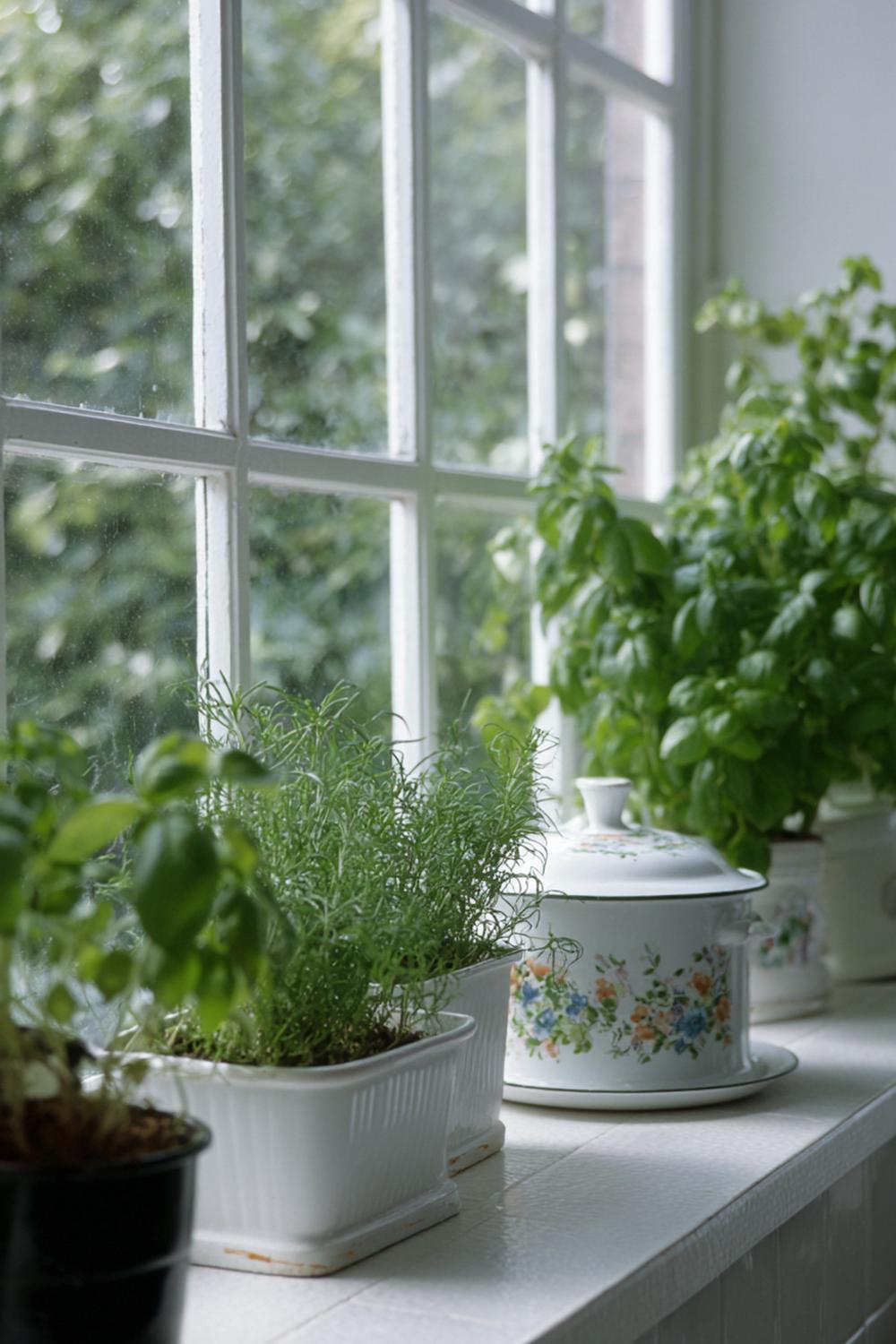 4. Küchen-Fensterbank als Kräutergarten in Emaille-Töpfen