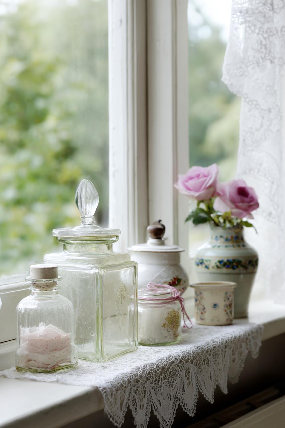 5. Vintage Fensterbank mit Apothekergläsern und Spitzenborte