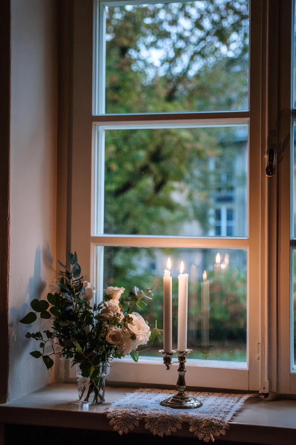 7. Romantische Fensterbank mit Stumpenkerzen und Spitze