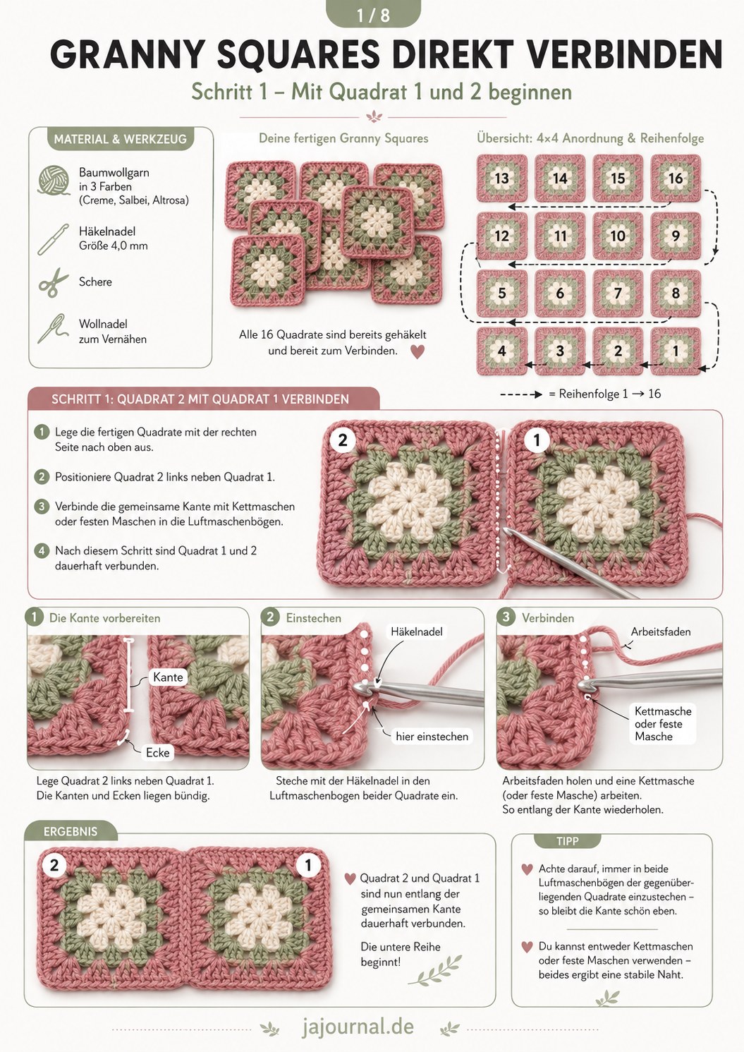Material für Granny Squares und erste Verbindung von Quadrat 1 und 2 mit der Häkelnadel