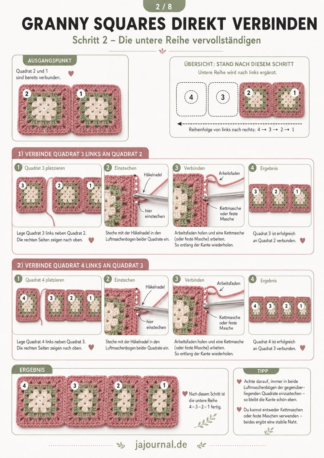 Untere Reihe beim Granny Squares verbinden: Quadrat 3 und 4 werden links angeschlossen