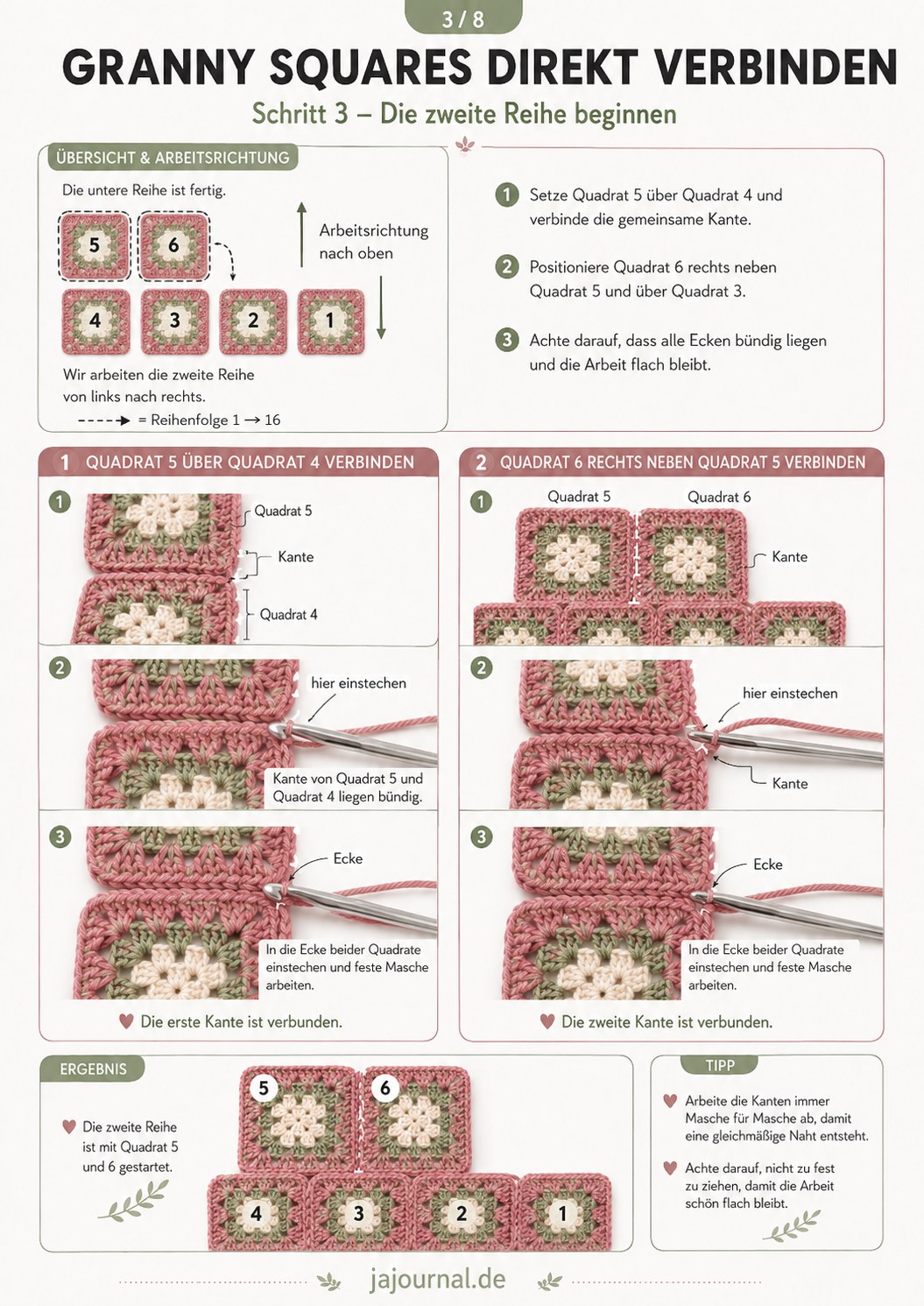 Zweite Reihe beginnt: Granny Squares verbinden über die Kante von Quadrat 4 und 5
