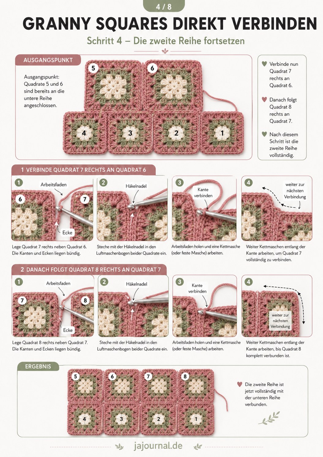 Zweite Reihe fertigstellen beim Granny Squares verbinden mit Quadrat 7 und 8