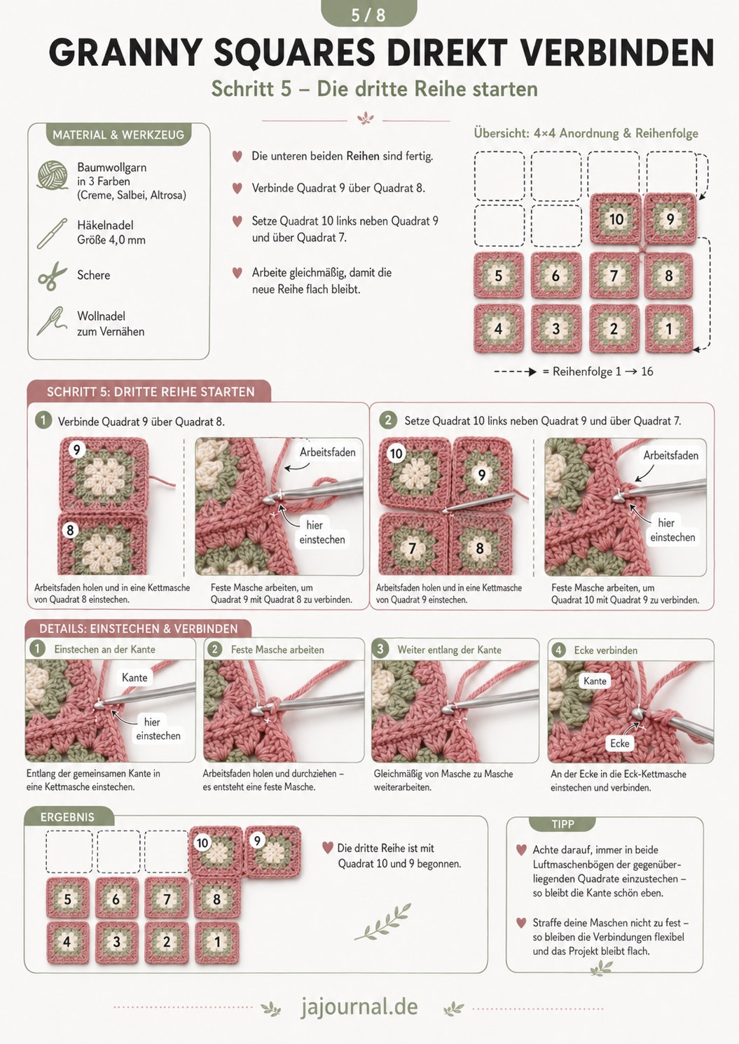Dritte Reihe starten: Granny Squares verbinden an der Eckkreuzung von Quadrat 9 und 10