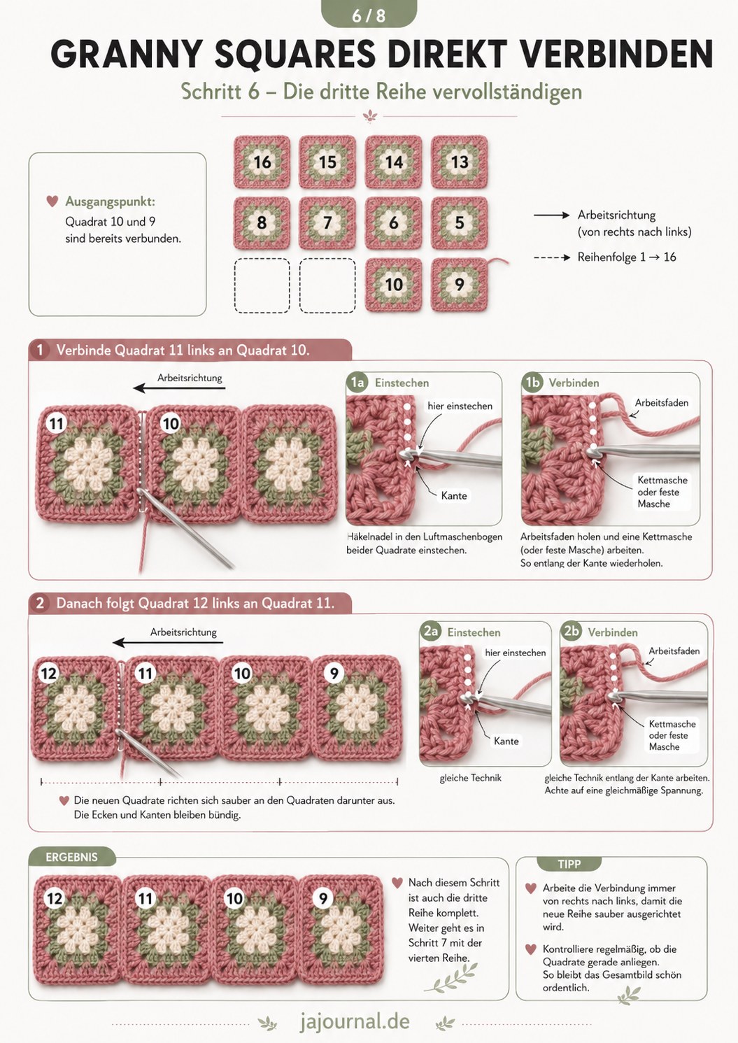 Dritte Reihe vervollständigen beim Granny Squares verbinden mit Quadrat 11 und 12