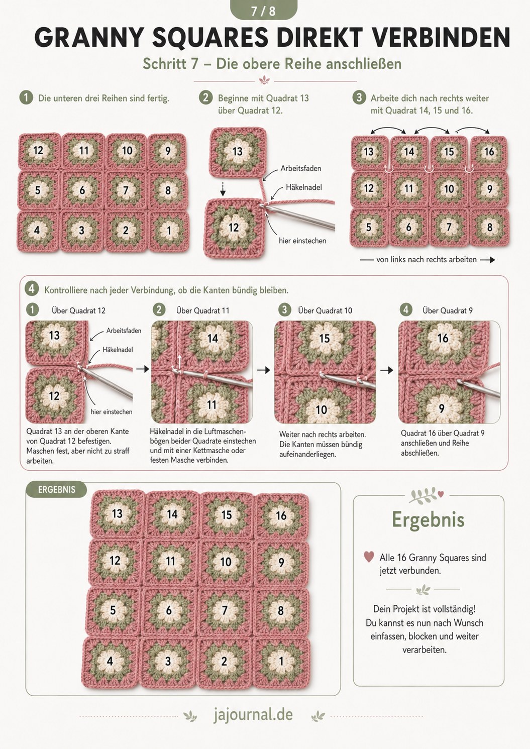 Obere Reihe anschließen: letzter Schritt beim Granny Squares verbinden mit Quadrat 13 bis 16