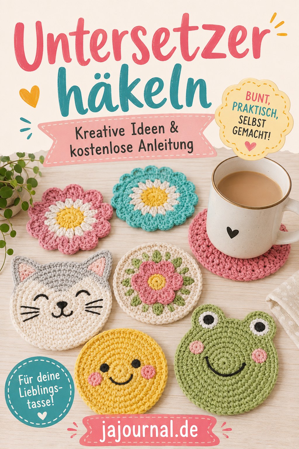 Bunte runde Untersetzer mit Tier- und Blumenmotiven zum Häkeln lernen für Anfänger