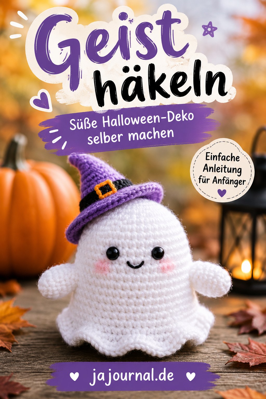 Süßer gehäkelter Halloween-Geist mit Hexenhut als Amigurumi-Projekt für Anfänger