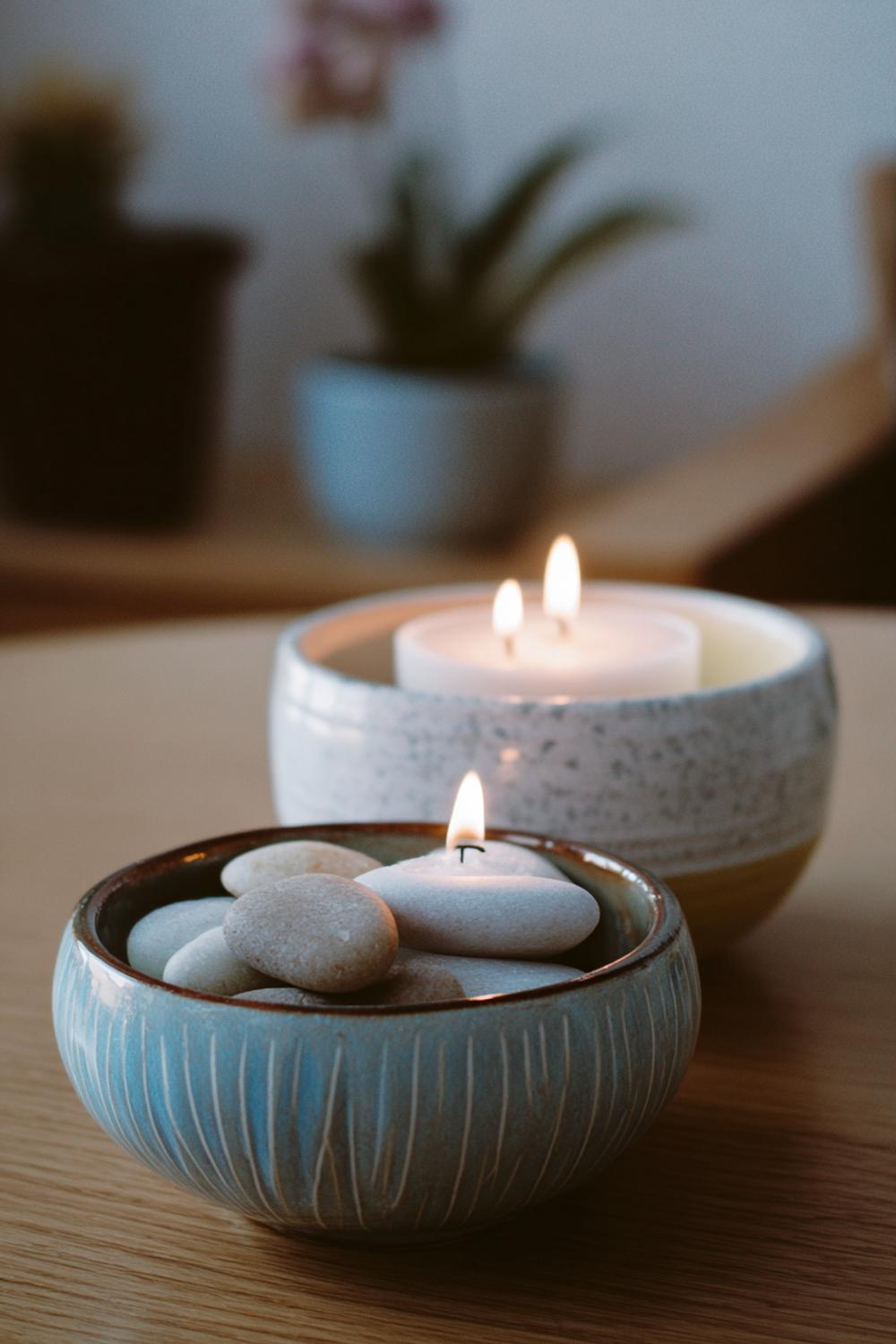 11. Kerzen Deko mit Keramikschalen und Kieseln, Zen-inspiriert