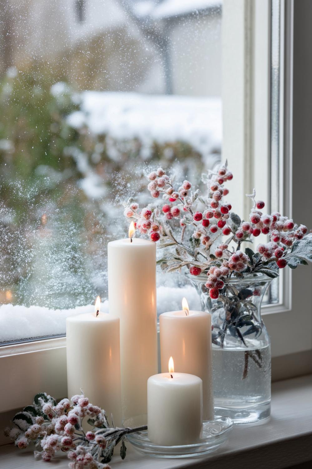 14. Kerzen Deko auf Fensterbank mit Frostglas und Schneebeeren, winterlich ruhig