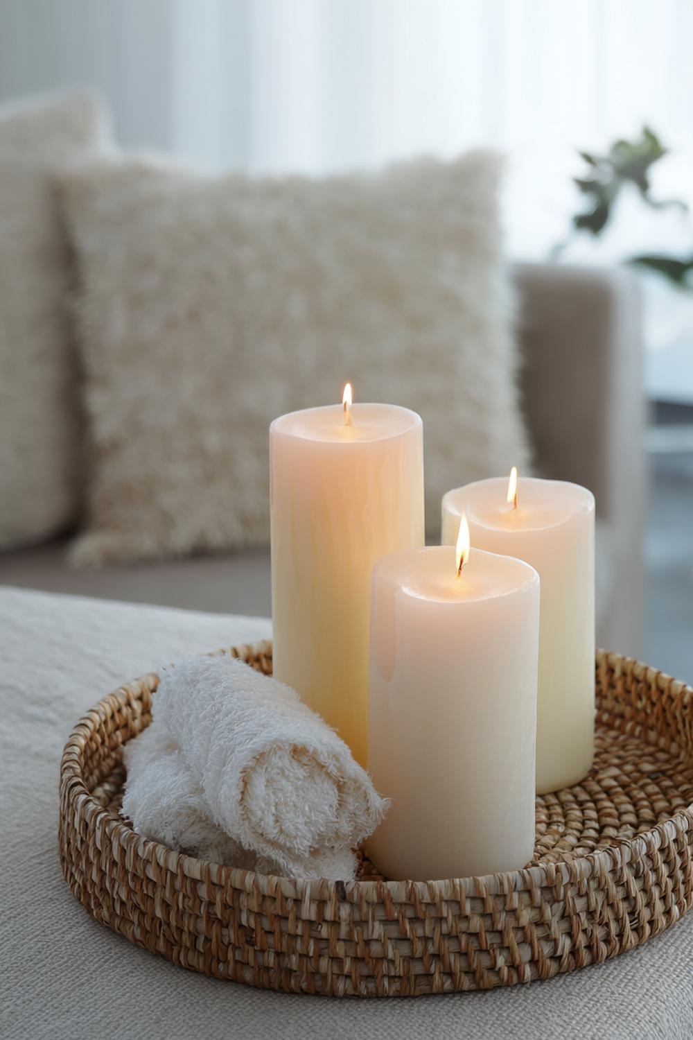 15. Kerzen Deko im Tablett aus Rattan mit Leinenservietten, naturtonig