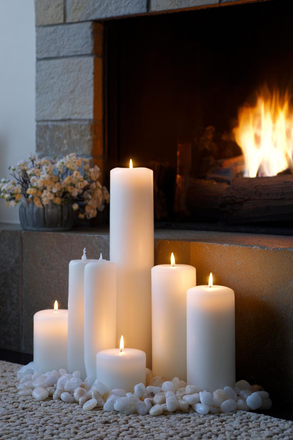 23. Kerzen Deko am Kamin mit weißen Stumpenkerzen und Treibholz