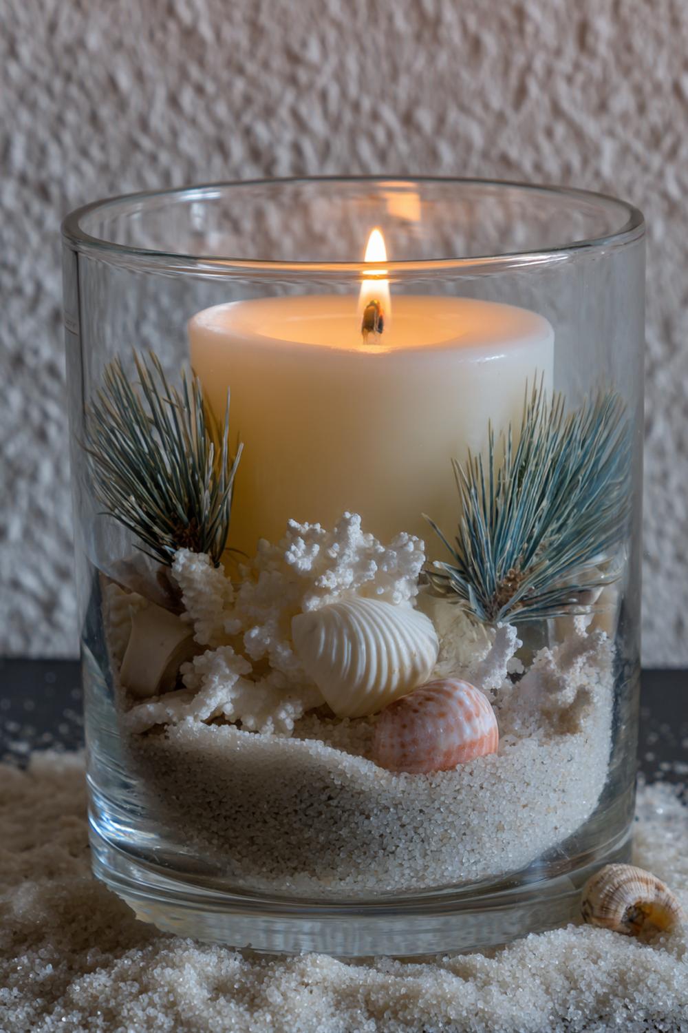 3. Kerzen Deko im Weckglas mit Sand und Muscheln, nordisch schlicht