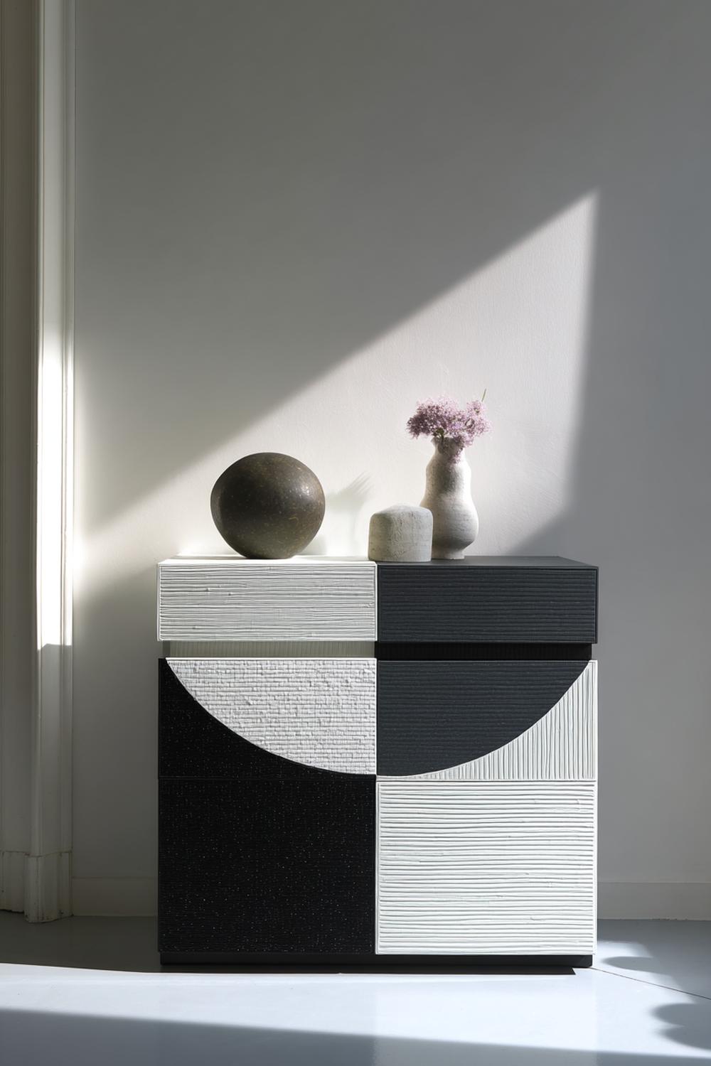 1. Kommode minimalistisch in Schwarz-Weiß mit grafischer Linie und runder Vase