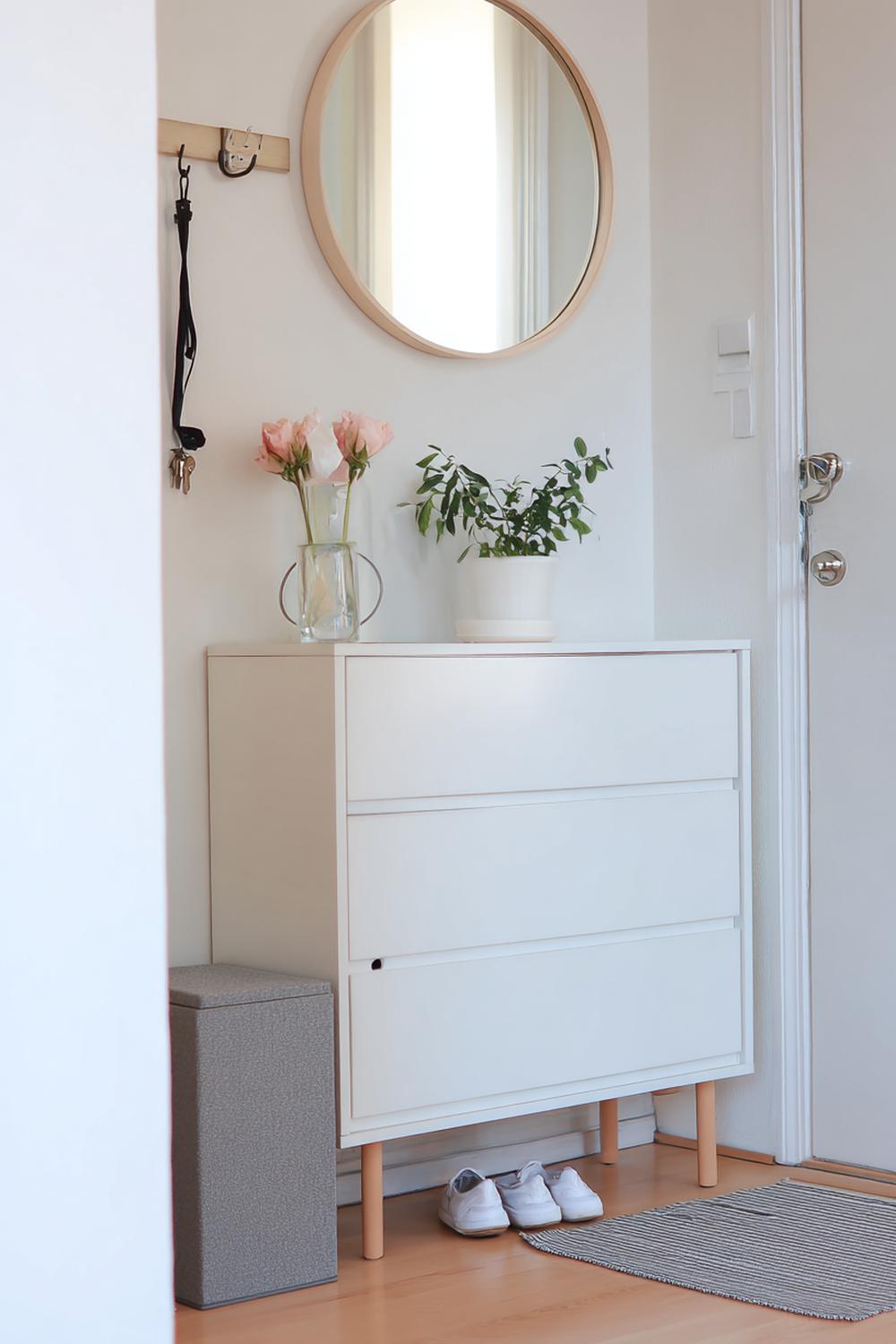 12. Kommode minimalistisch im Flur mit Schlüsselablage und rundem Spiegel