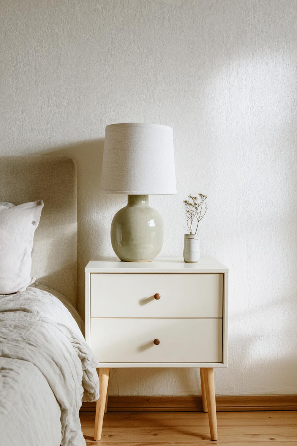 13. Kommode minimalistisch im Schlafzimmer mit Keramiklampe und Leinenläufer