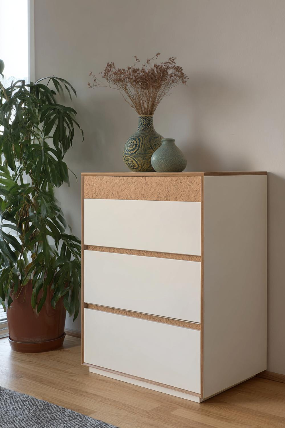 2. Kommode minimalistisch mit Naturholzplatte und strukturierter Leinenlaufbahn