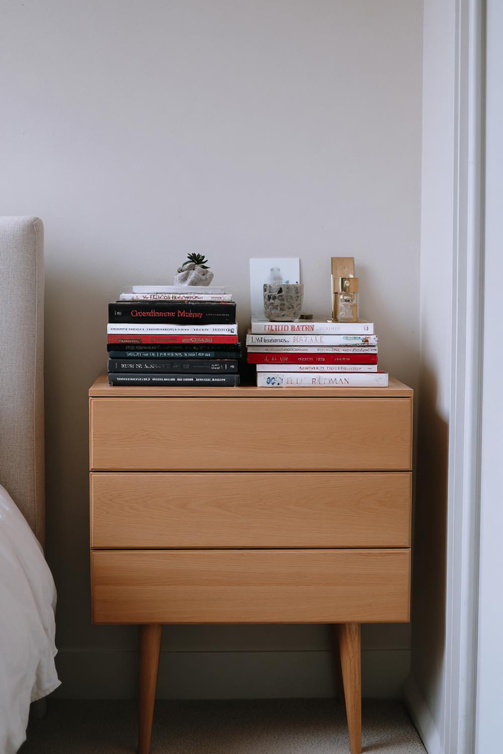 5. Kommode minimalistisch mit Stapelbildbänden und skulpturaler Buchstütze
